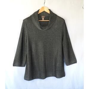 CHICO'S Easywear Women Sz 2 L 12/14 Dark Gray Knit Cowl Neck Sweater Tunic Top